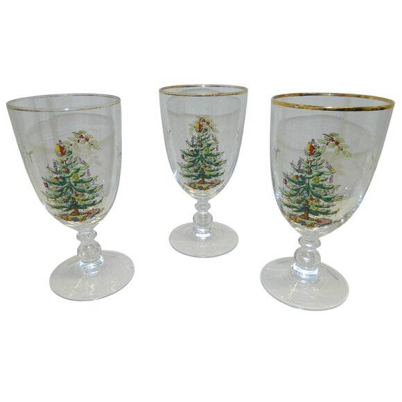 Spode Christmas Tree Goblet Set Of 3 Gold Rim 7" Footed Vintage Holiday Glasses - Picture 1 of 14